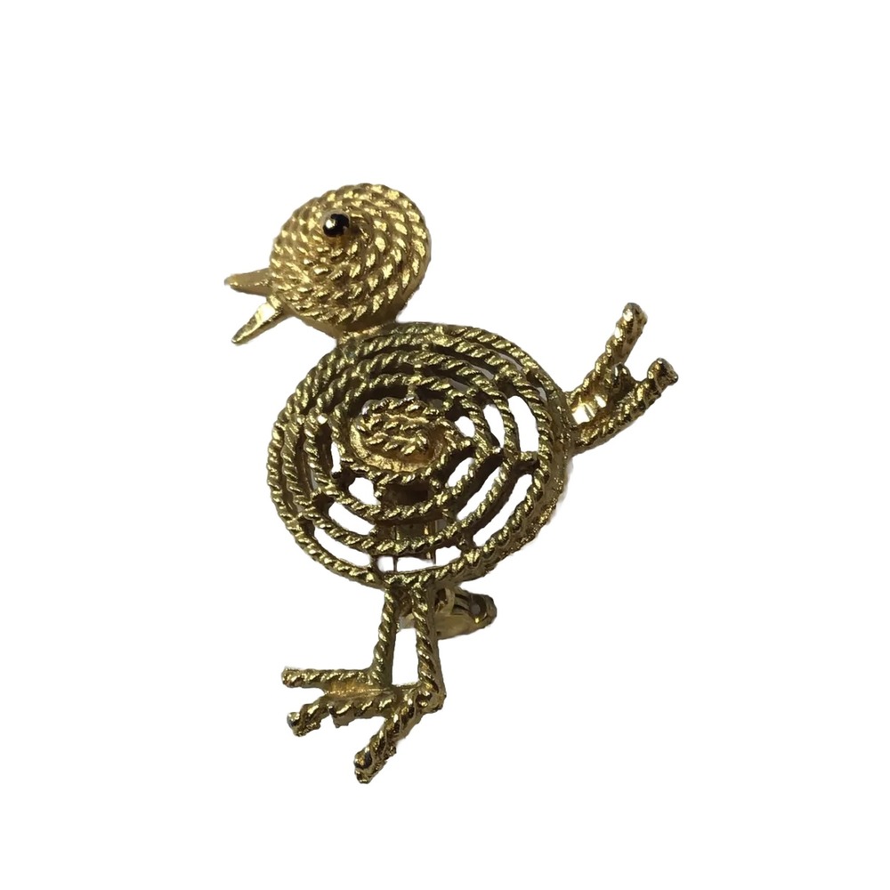 Vintage Mamselle Bird Chick Pin  Rope Texture Gold Tone